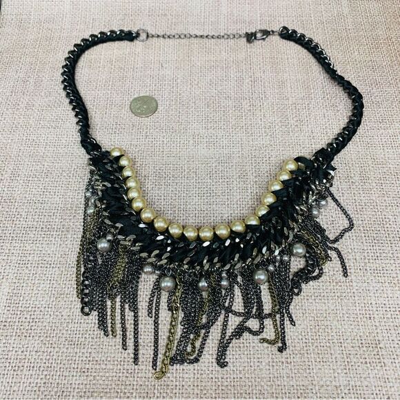 Loft Black Chains Pearls Ribbons Statement Necklace - Picture 1 of 3